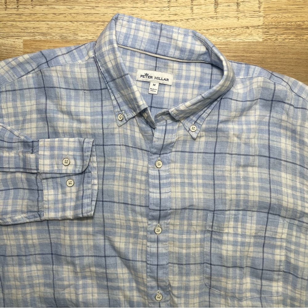 Peter Millar Long Sleeve Button‎ Up Linen Shirt Mens Size Medium Plaid EUC Blue